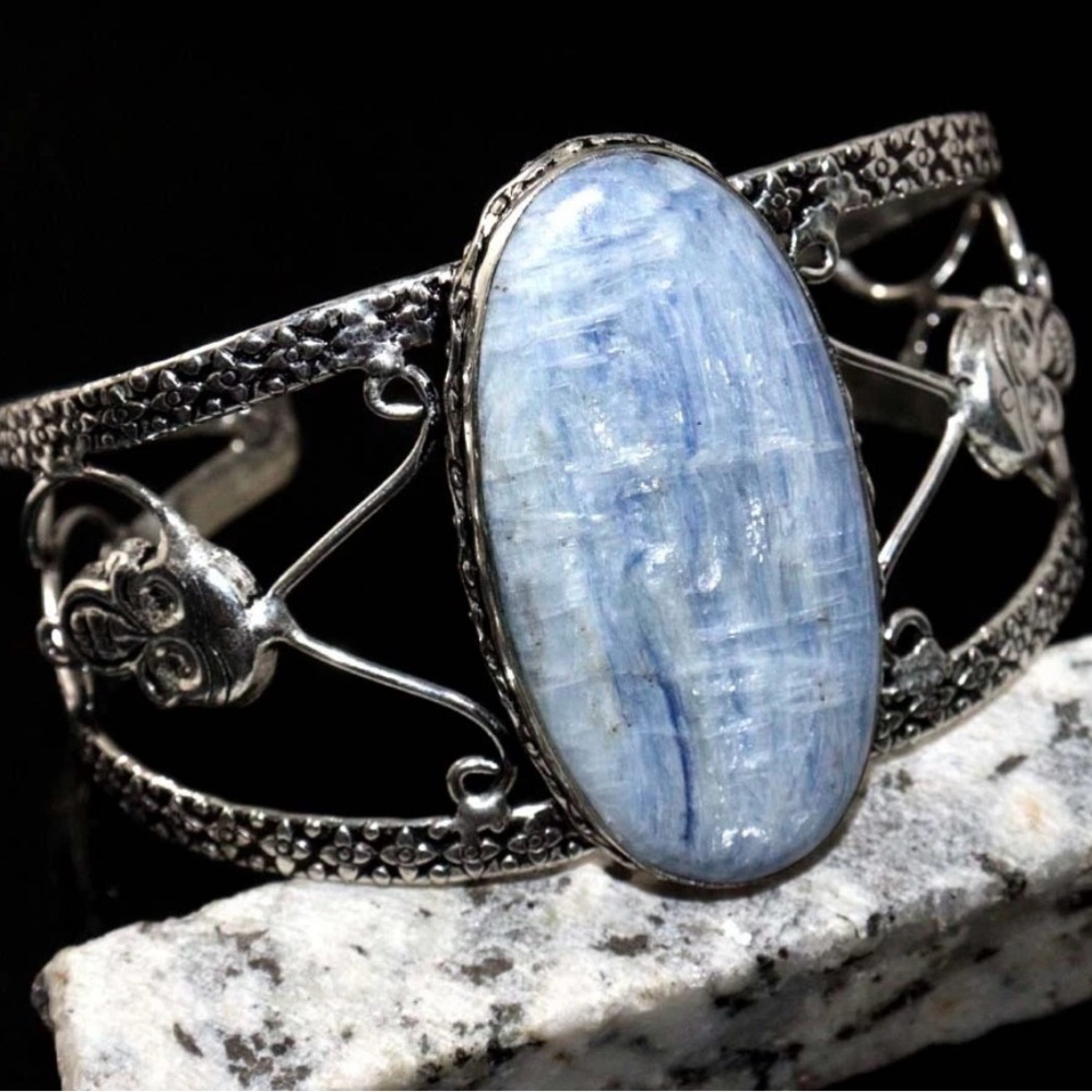 Blue Kyanite 925 Silver Plated Bangle 6.5"
